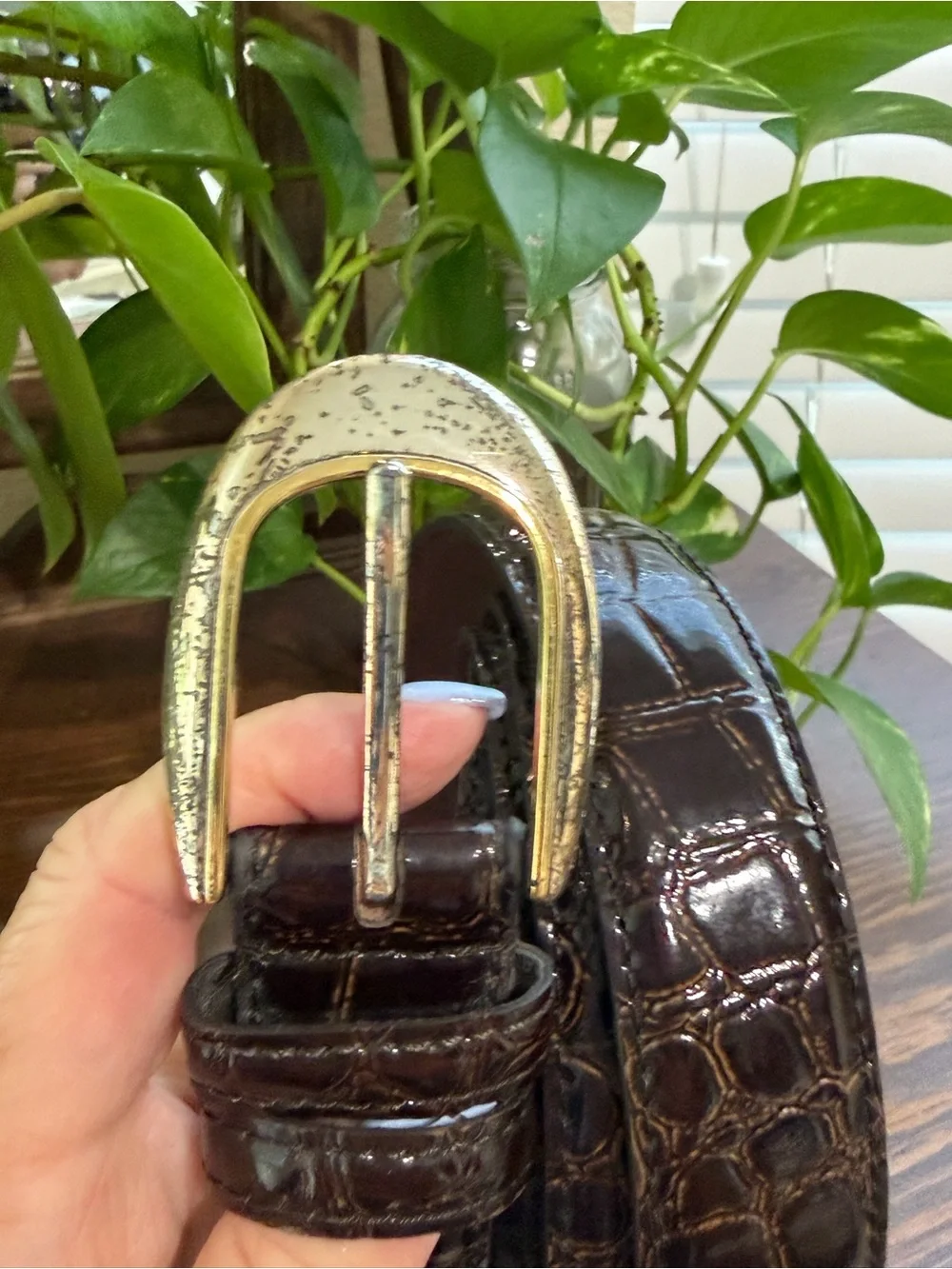 Men's Vintage Dark Brown Croc-Embossed Glazed Finish Leather Belt Sz 50